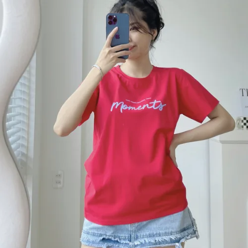 Áo Thun Thái Nữ Cổ Tròn Form suông Nhịp Trái Tim Chữ Moment