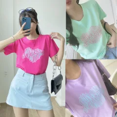 Áo Thun Thái Nữ Cổ Tròn Form suông Nhịp Trái Tim Chữ Nhiều Màu