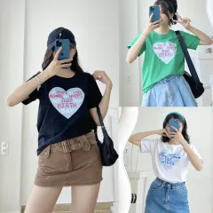 Áo Thun Thái Nữ Cổ Tròn Form suông Trái Tim Chữ Nhiều Màu