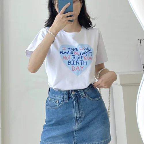 Áo Thun Thái Nữ Cổ Tròn Form suông Trái Tim Chữ Nhiều Màu