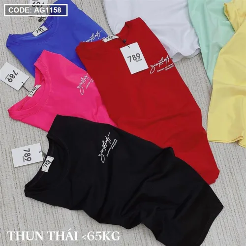 Áo thun thái nữ cổ tròn in chữ kiểu form rộng giấu quần