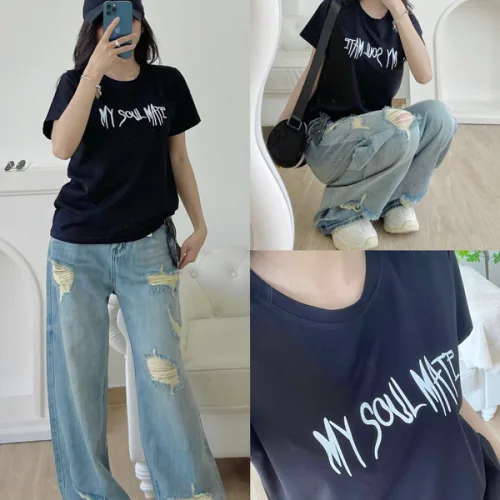 Áo thun thái nữ cổ tròn form suông in chữ My Soul Mate