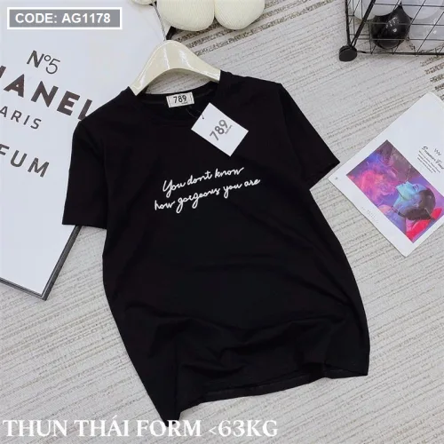 Áo thun thái nữ cổ tròn in chữ kiểu