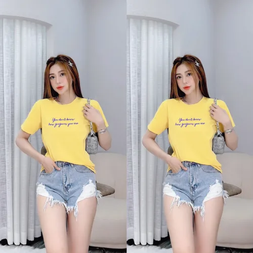 Áo thun thái nữ cổ tròn in chữ kiểu
