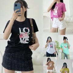 Áo thun thái nữ form suông cổ tròn in chữ LOVE phối hoa