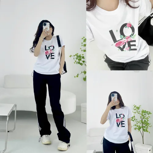Áo thun thái nữ form suông cổ tròn in chữ LOVE phối hoa