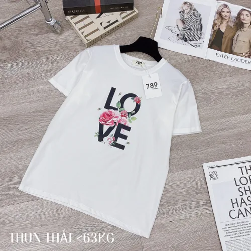 Áo thun thái nữ form suông cổ tròn in chữ LOVE phối hoa