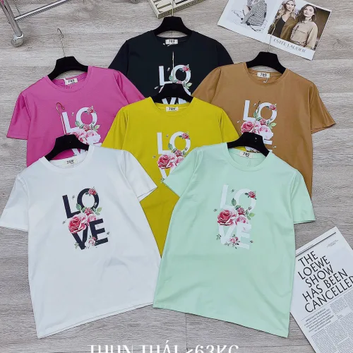 Áo thun thái nữ form suông cổ tròn in chữ LOVE phối hoa