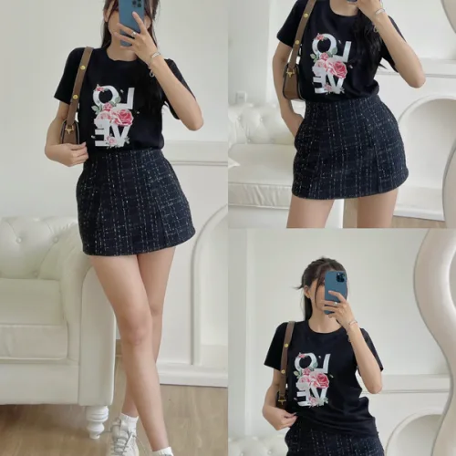 Áo thun thái nữ form suông cổ tròn in chữ LOVE phối hoa