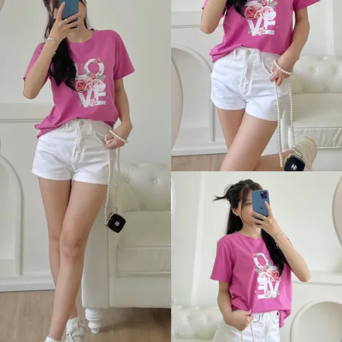 Áo thun thái nữ form suông cổ tròn in chữ LOVE phối hoa