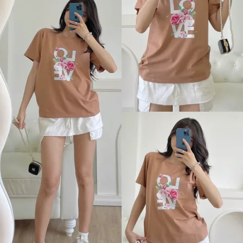 Áo thun thái nữ form suông cổ tròn in chữ LOVE phối hoa