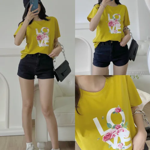 Áo thun thái nữ form suông cổ tròn in chữ LOVE phối hoa