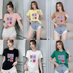 Áo thun thái nữ form rộng in logo màu
