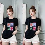 Áo thun thái nữ form rộng in logo màu