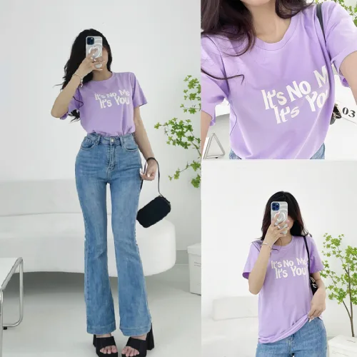 Áo thun thái nữ form suông cổ tròn in chữ nổi màu