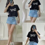 Áo thun thái nữ form suông cổ tròn in chữ nổi màu