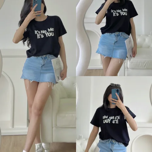 Áo thun thái nữ form suông cổ tròn in chữ nổi màu