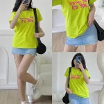 Áo thun thái nữ form suông cổ tròn in chữ nổi màu