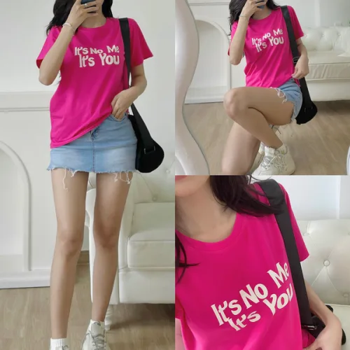 Áo thun thái nữ form suông cổ tròn in chữ nổi màu