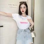 Áo thun thái nữ in chữ hồng form rộng giấu quần