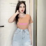 Áo thun thái nữ in chữ hồng form rộng giấu quần