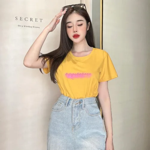 Áo thun thái nữ in chữ hồng form rộng giấu quần