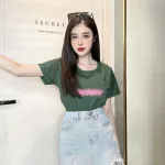 Áo thun thái nữ in chữ hồng form rộng giấu quần