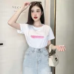 Áo thun thái nữ in chữ hồng form rộng giấu quần