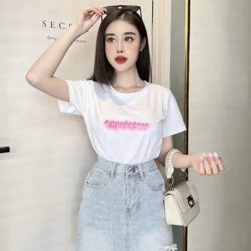 Áo thun thái nữ in chữ hồng form rộng giấu quần