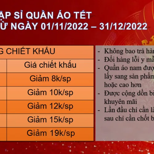 Bảng chiết khấu khuyến mãi mùa tết cho khách sỉ nhập quần áo