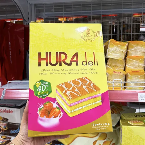 Bánh Bông Lan Bibica Hura Deli Hương Sữa Dâu 336g (12 Gói x 28g)