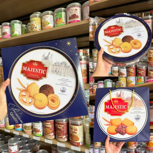 Bánh Quy Bơ MAJESTIC Hộp Thiếc Vuông 382g (Xanh Dương/Đỏ) - Kèm Túi