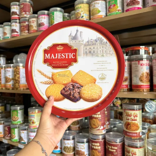 Bánh Quy Bơ MAJESTIC Hộp Thiếc Vuông 382g (Xanh Dương/Đỏ) - Kèm Túi