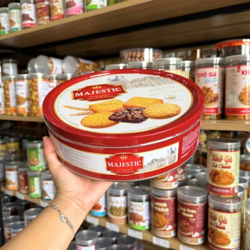 Bánh Quy Bơ MAJESTIC Hộp Thiếc Vuông 382g (Xanh Dương/Đỏ) - Kèm Túi