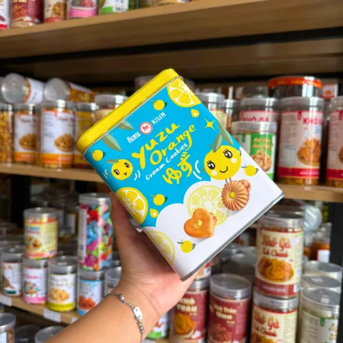 Bánh Quy Nhân Kem Cam Yuzu Hộp Thiếc KILIN Thái Lan 400g - Hộp Xanh Vàng