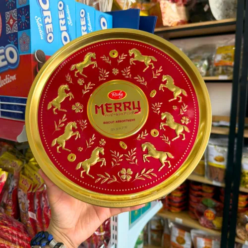 Bánh Quy Thập Cẩm RICHY MERRY Hộp Thiếc 334g (Xanh Dương/Đỏ) - Kèm Túi