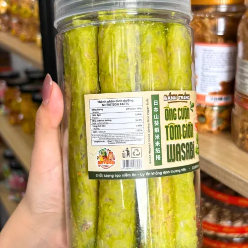 Bánh Tráng Ống Cuộn Tôm Wasabi 150g Hộp Tròn