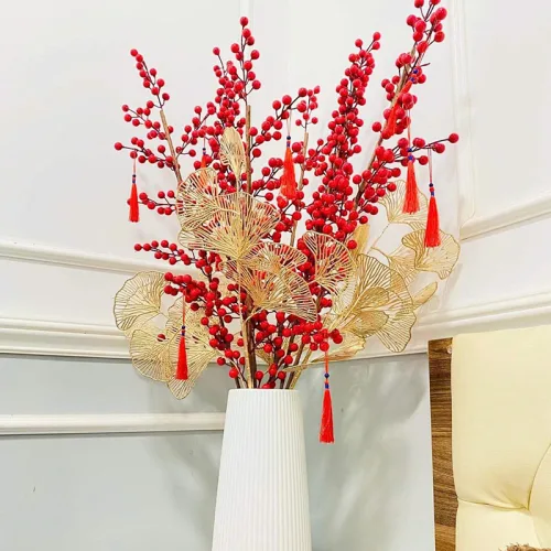 1 Cành Đông Đào 12 Nhánh Trái Mọng Đỏ Dài 90cm