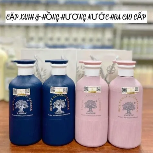 Cặp dầu gội xả Biotin Collagen Essence Voudioty màu hồng xanh