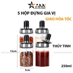Combo 5 Hũ Đựng Gia Vị Bằng Thuỷ Tinh - Lọ Đựng Gia Vị Thuỷ Tinh Có Nắp Đậy Kèm Thìa Nhà Bếp 13x5cm