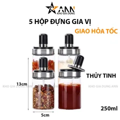 Combo 5 Hũ Đựng Gia Vị Bằng Thuỷ Tinh - Lọ Đựng Gia Vị Thuỷ Tinh Có Nắp Đậy Kèm Thìa Nhà Bếp 13x5cm