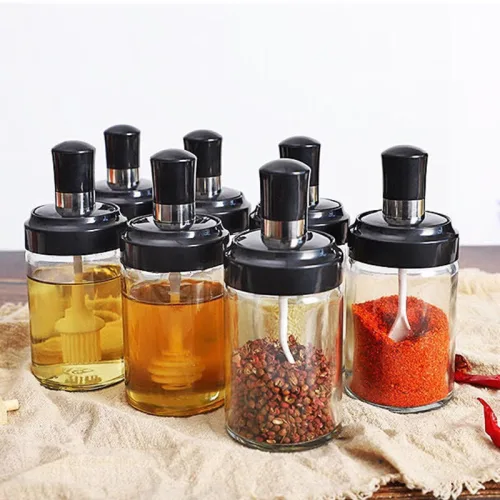 Combo 5 Hũ Đựng Gia Vị Bằng Thuỷ Tinh - Lọ Đựng Gia Vị Thuỷ Tinh Có Nắp Đậy Kèm Thìa Nhà Bếp 13x5cm