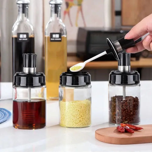 Combo 5 Hũ Đựng Gia Vị Bằng Thuỷ Tinh - Lọ Đựng Gia Vị Thuỷ Tinh Có Nắp Đậy Kèm Thìa Nhà Bếp 13x5cm