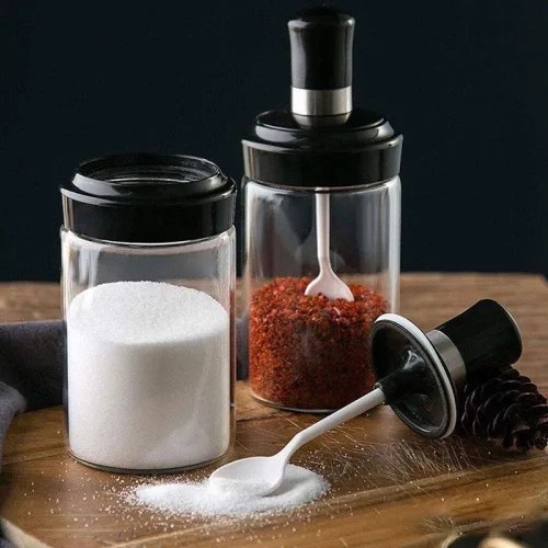 Combo 5 Hũ Đựng Gia Vị Bằng Thuỷ Tinh - Lọ Đựng Gia Vị Thuỷ Tinh Có Nắp Đậy Kèm Thìa Nhà Bếp 13x5cm