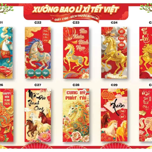 Combo 100 Bao Lì Xì Tết Bính Ngọ 2026 - Khách Chọn Tối Đa 10 mẫu