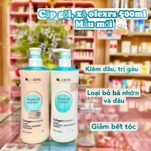 Combo Gội Xả Collagen Olexrs Argan Oil Essence Màu Xanh 500ml cho tóc bết nhiều gàu