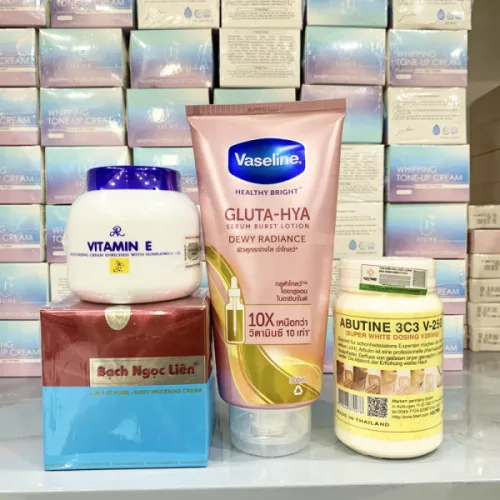 Combo Trắng Da Bạch Ngọc Liên Xanh + Vitamin E Thái + Kích Trắng V250 + Vaseline Hồng Gluta hya 10x