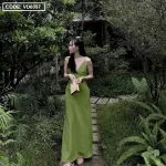 Đầm 2 dây cổ v linen basic