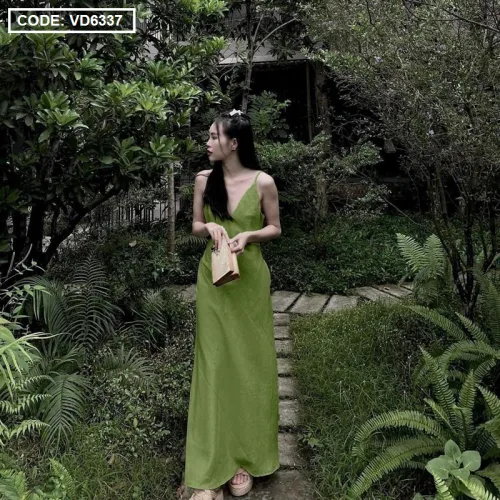 Đầm 2 dây cổ v linen basic