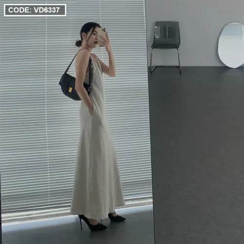 Đầm 2 dây cổ v linen basic